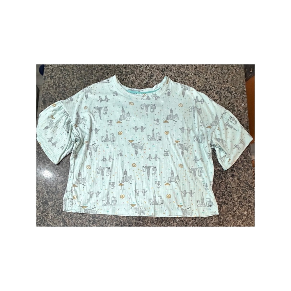 Cuddl Duds Women XL Mint Green NYC Print Ribbed Pajama Top Short Sleeve Lounge - Picture 2 of 7